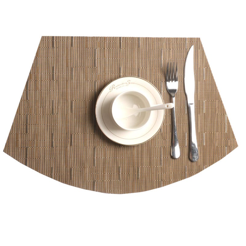 SHACOS Round Table Placemats Set of 7 Woven Vinyl Wedge Placemats with Centerpiece Round Table Mat Heat Resistant Wipe Clean (7, Tan) - Image 3